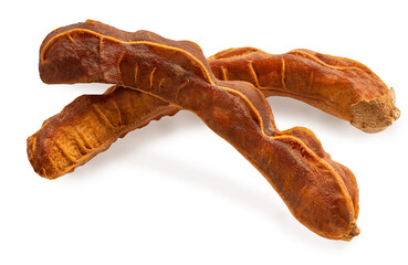 Sweet tamarind, a tropical fruit with a sweet and sour taste on white background , Tamarind tropical fruit isolate on white with clipping path.