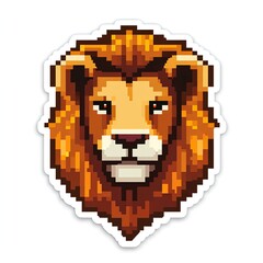 Obraz premium Majestic Lion Head: Pixel Art Sticker. A regal feline, rendered in a vibrant 8-bit style, against a clean white background.