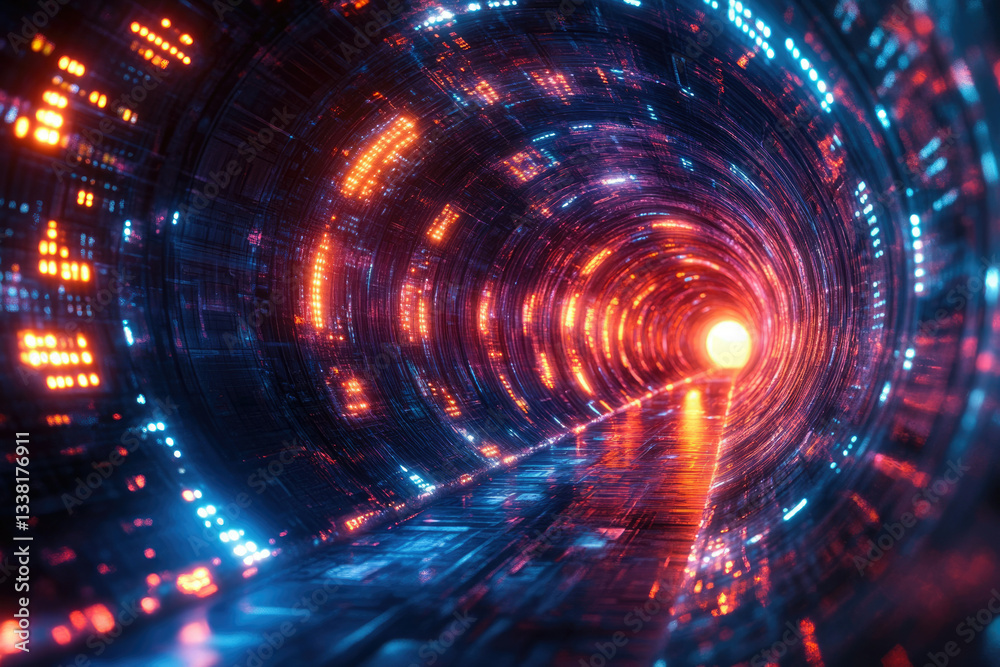 Poster a futuristic neon tunnel with vibrant orange and blue lights, creating a sense of depth and speed.