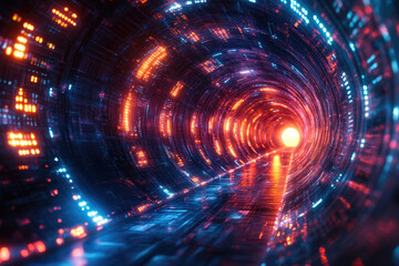 Fototapeta premium A futuristic neon tunnel with vibrant orange and blue lights, creating a sense of depth and speed.