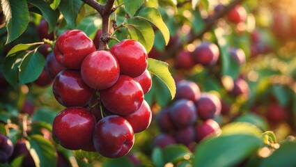 Obraz premium Good yield of juicy ripe plums on branches in an orchard. Close-up.