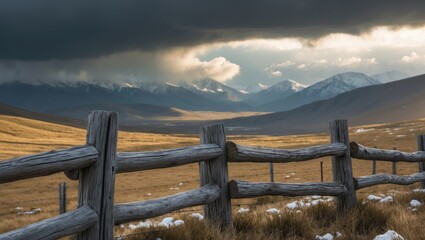 Fototapeta premium A rustic wooden fence runs alongside a verdant mountain scenery featuring patches of snow and ominous clouds above.