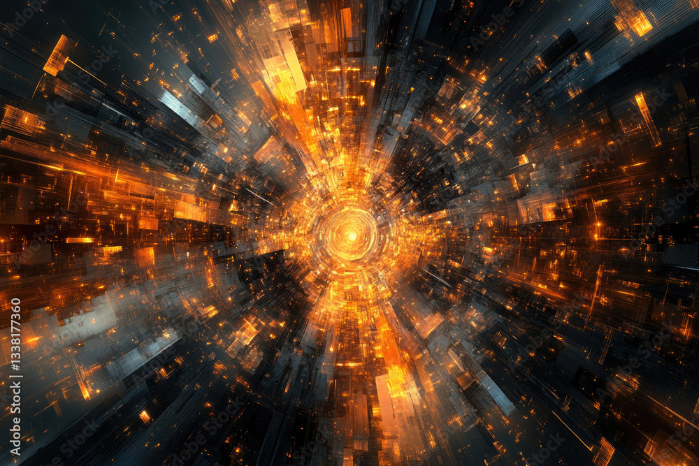 Poster Abstract digital art depicting a futuristic city tunnel with glowing orange and dark gray structures, creating a sense of depth and speed.