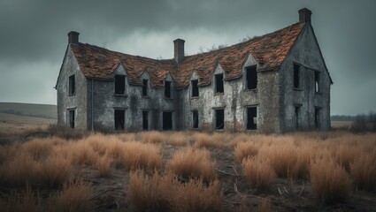 Fototapeta premium A large, old stone house with a slanted roof stands deserted and abandoned. The sky is overcast, and the grass appears dry.