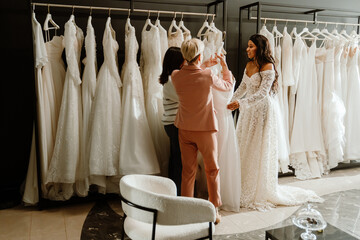 A woman stands and smiles while listening to two women standing across from her holding a dress, in...