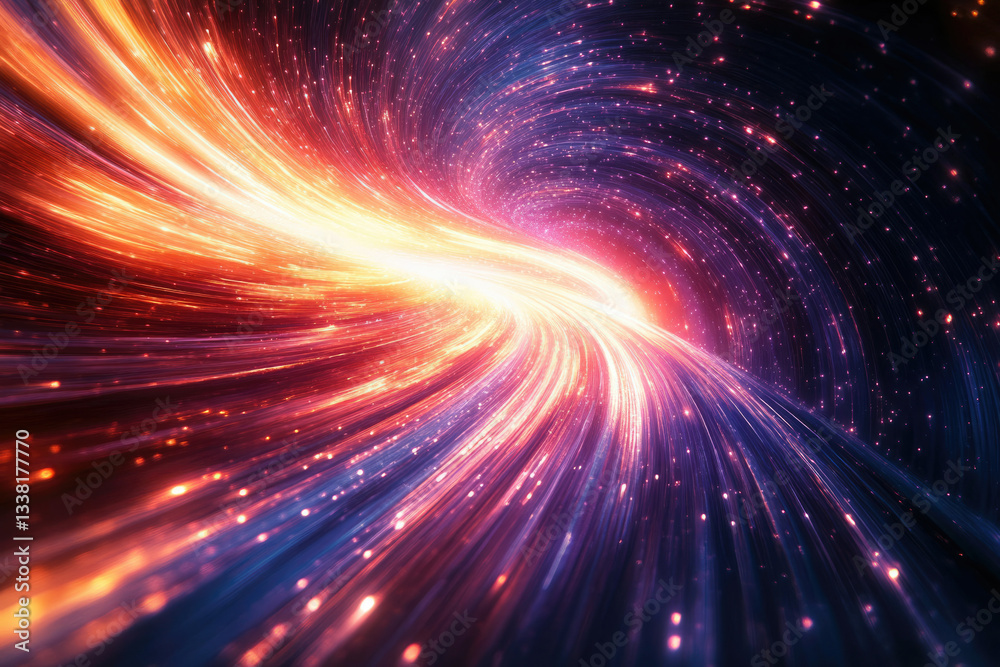 Poster a vibrant, swirling vortex of light and color streaks across a dark, starry space, creating a dynami
