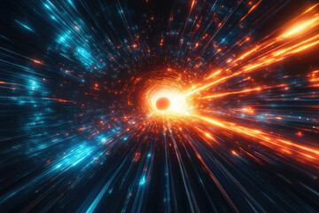 Obraz premium Abstract artwork depicting a vibrant, swirling tunnel of light, with streaks of orange and blue energy.