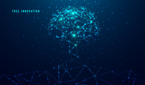 Abstract polygonal tree innovation. Glittering star dust lights. Polygonal futuristic style. Graphic concept for your design
