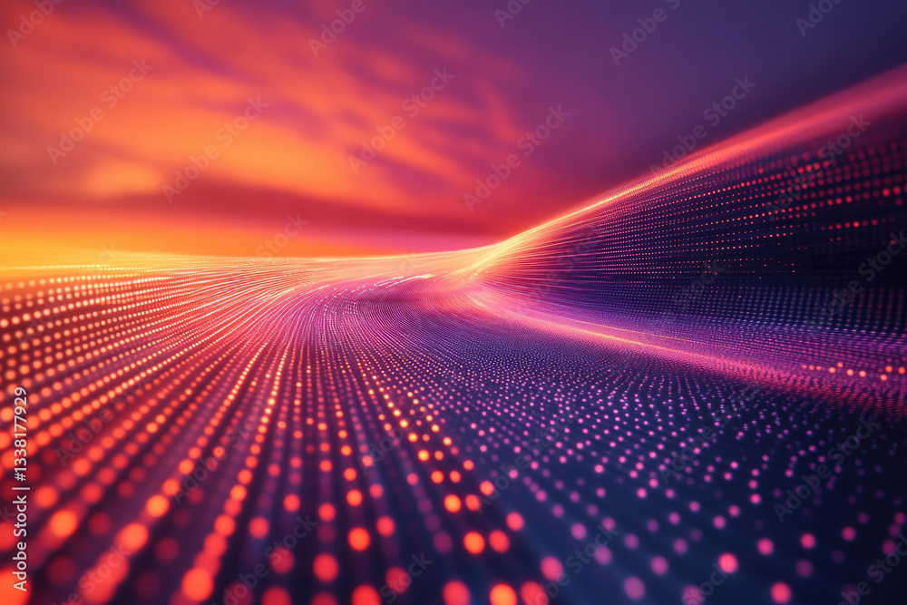 Poster abstract digital landscape with glowing particles forming a wave-like path under a vibrant sunset sk