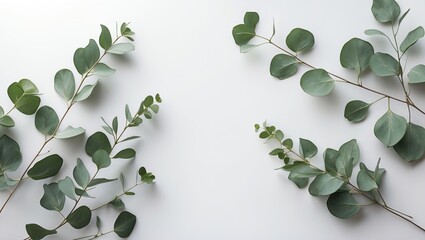 Green eucalyptus branches on a light backdrop. Flat lay, overhead view.
