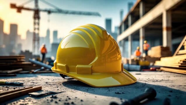 Helmet on construction site with construction site worker in the background, emphasizing safety first concept.