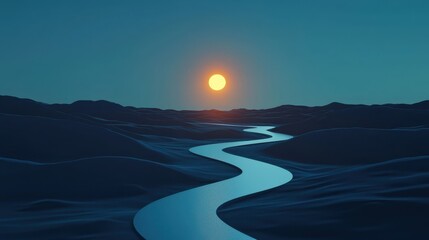 A minimal depiction of a winding path leading to a glowing light on the horizon. 