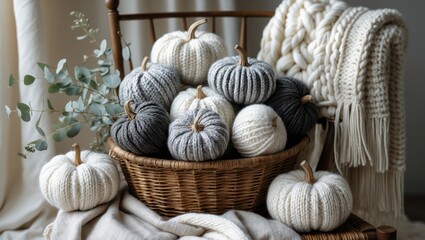 Handmade cozy white sweater pumpkins and woolen blankets arranged in a basket for decoration. White knitted backdrop.