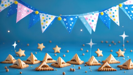 Obraz premium Happy Purim carnival decoration idea featuring sparkle stars and hamantaschen cookies against a pastel backdrop.