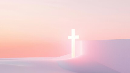 A minimalist abstract banner with a glowing cross emerging from a soft pastel background, symbolizing resurrection and hope. 