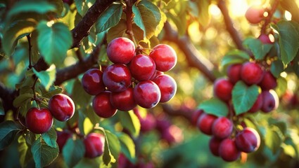 Obraz premium Abundant harvest of juicy ripe plums hanging on branches in an orchard. Close-up.