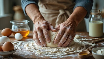 Fototapeta premium hands kneading dough, yeast, eggs, bakery ingredients, milk, honey in kitchen
