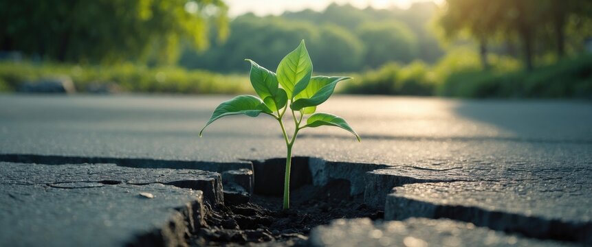 A small, resilient plant emerges through an opening in the asphalt, representing nature's persistence and adaptability.