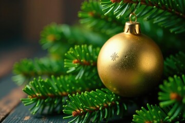 Fototapeta premium The golden ornament rests on a bed of lush green pine branches, spruce, pine