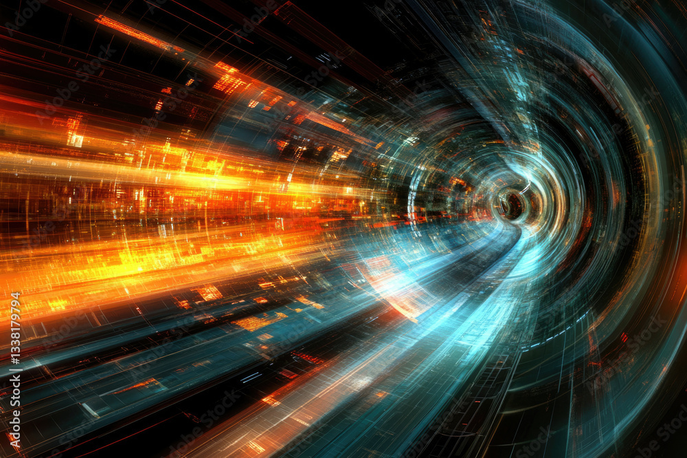 Poster abstract digital tunnel with vibrant orange and blue light streaks, representing high-speed data flo