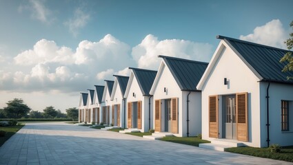 Fototapeta premium A series of contemporary cottages featuring slanted roofs, wooden shutters, and a tranquil, well-kept landscape.