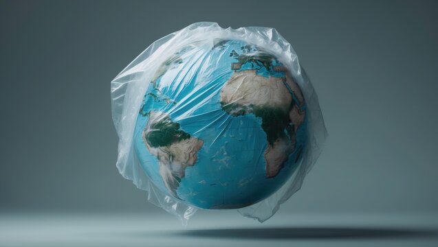 A globe covered in plastic wrap against a gray background. Theme of planetary pollution involving plastic cellophane polyethylene.