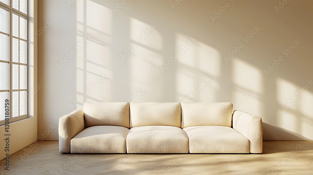 Poster beige modern sofa in minimalist room setting