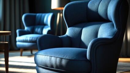 Fototapeta premium Upholstered furniture in blue fabric featuring a curved element and a close-up carriage tie. The background showcases designer furniture in deep shadows, providing empty space for text.