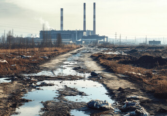 A large industrial plant with tall chimneys stands amidst a muddy path littered with debris, reflecting a harsh environment
