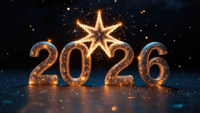 Happy New Year greeting card - sparkler text with fireworks and pyrotechnics, set against a black night sky background.