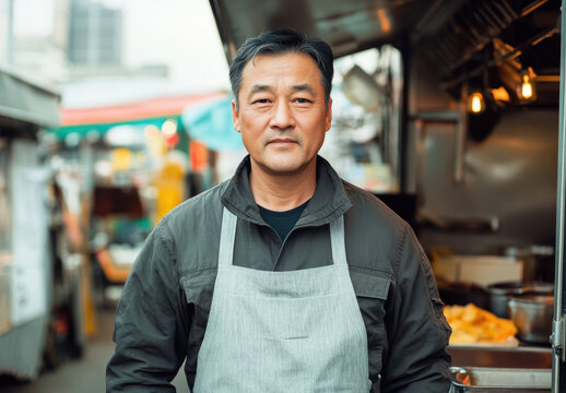 A middle-aged Asian man stands proudly in front of his food stall, showcasing his culinary passion amidst a lively market atmosphere