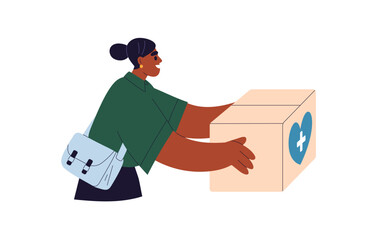 Volunteer with medical donation box with medicaments. Black woman giving charity, charitable help for healthcare. Humanitarian aid, medicines. Flat vector illustration isolated on white background