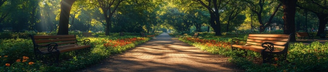 Naklejka premium A peaceful green park with benches and flowers in full bloom sunlight streaming through trees. Generative AI