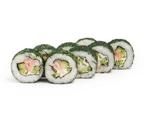 Japanese roll with shrimp, cheese and cucumber in dill, on a white background, isolated.