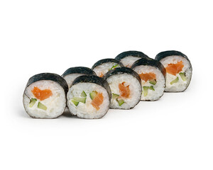 Japanese maki roll with salmon, cheese and cucumber in nori, on a white background, isolated.