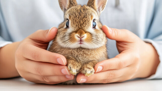 Gentle care: close-up of hands holding a cute baby rabbit, emphasizing nature, compassion, and connection for animal welfare themes