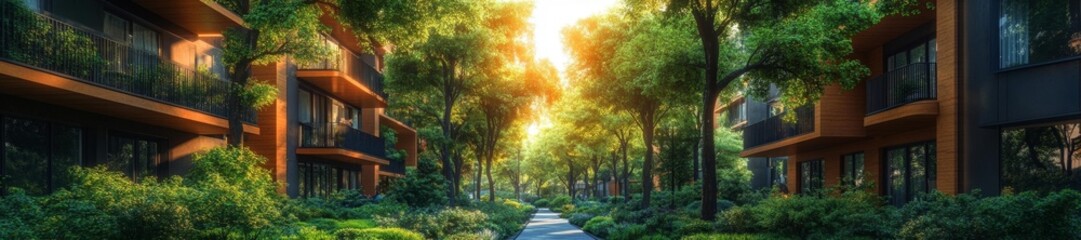 Green Urban Pathway with Lush Trees and Modern Architecture in a Peaceful Neighborhood. Generative AI