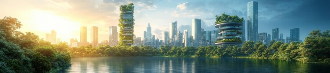 Obraz premium A futuristic city with green eco-buildings and nature integrated in a harmonious design showcasing a sustainable future. Generative AI