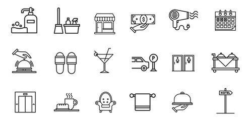 Hotel set of web icons in line style. Hotel and vacation icons for web and mobile app. Hotel services, recreational rest, relax, travel. Vector illustration 