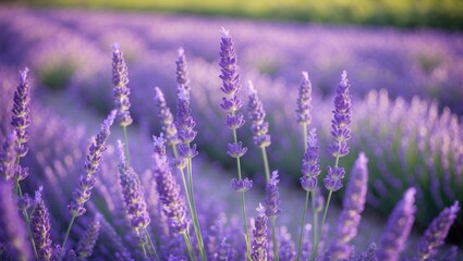 Obraz premium A breathtaking lavender field in full bloom with lively purple rows extending into the horizon.
