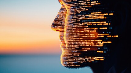 Journalist engages with artificial intelligence in technological landscape during sunset for innovative media applications