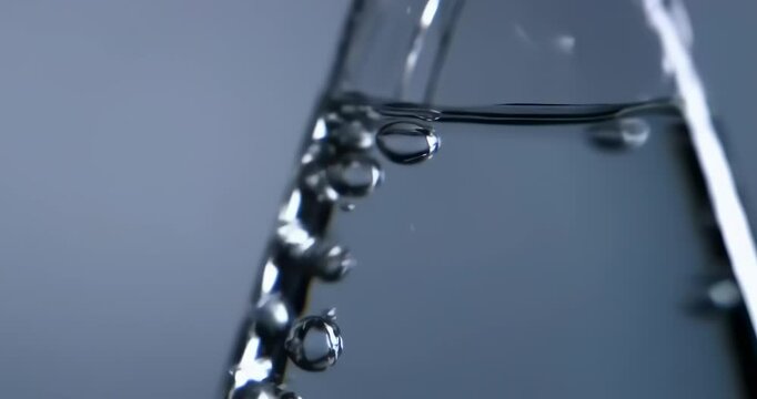Anamorphic video of glass beaker filled with water, surrounded by bubbles on a light blue background 