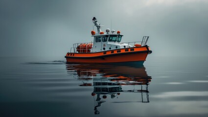 Fototapeta premium A rescue lifeboat on the surface of the water with a dark background.