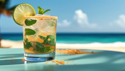 Obraz premium Refreshing ice cold mojito on a sunny beach with copy space for summertime enjoyment