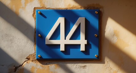 A house number plaque in blue enamel, displaying the white number 44.