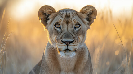 Stunning close-up of a lioness in the golden grasslands at sunset in a wildlife reserve Generative AI