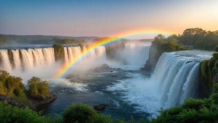 Fototapeta premium Panoramic image of a waterfall on the river in very high flow from an observation point in late evening light, showcasing rising spray and a vibrant rainbow above the falls.