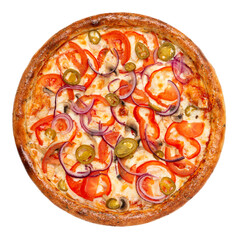 Italian pizza with chicken, jalapeno, cheese and tomatoes, on a white background, top view, isolated.