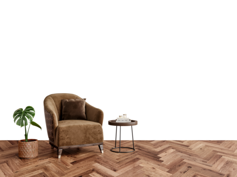 Cozy living room with armchair, blank frame, plant, and side table.