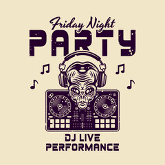 Dj party night club vector colored emblem with alien head in headphones and dj mixer controller illustration